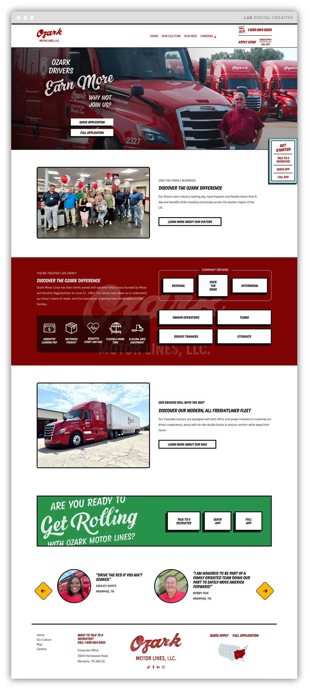Ozark Motor Lines Driver Recruiting Website Homepage displayed on a desktop browser