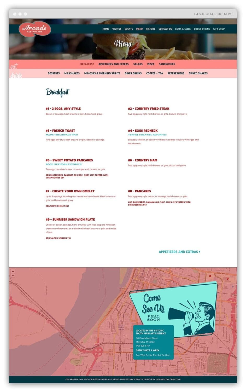 arcade restaurant food menu page on desktop
