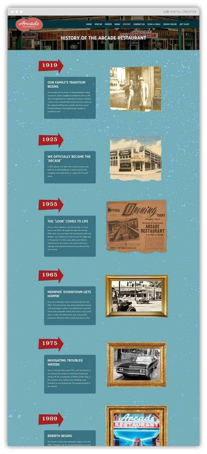 arcade restaurant history page on desktop 1