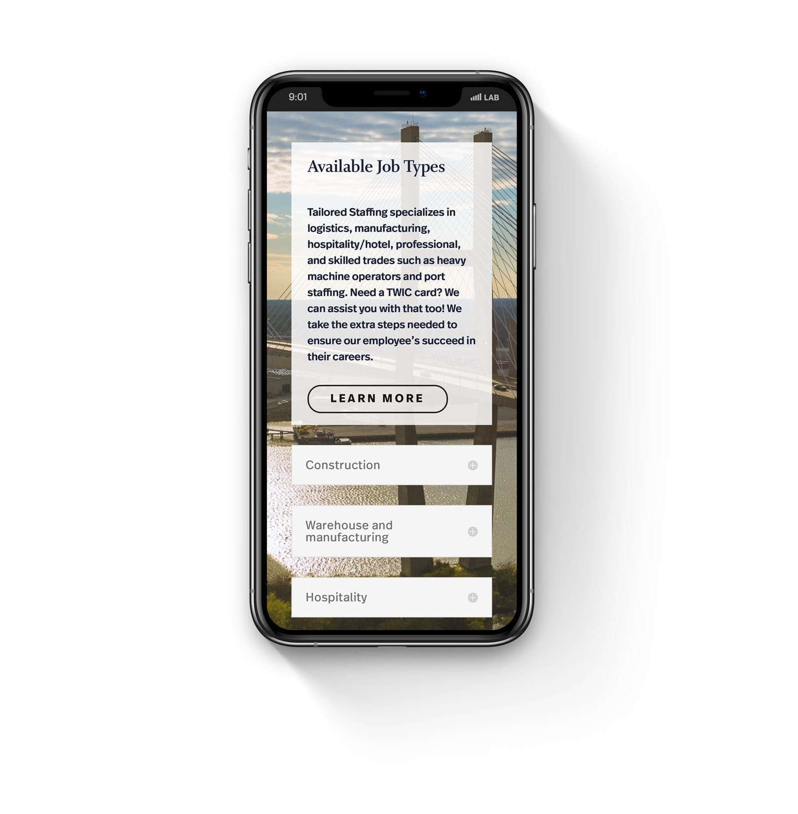 Tailored Staffing Website Design displayed on an iPhone XS
