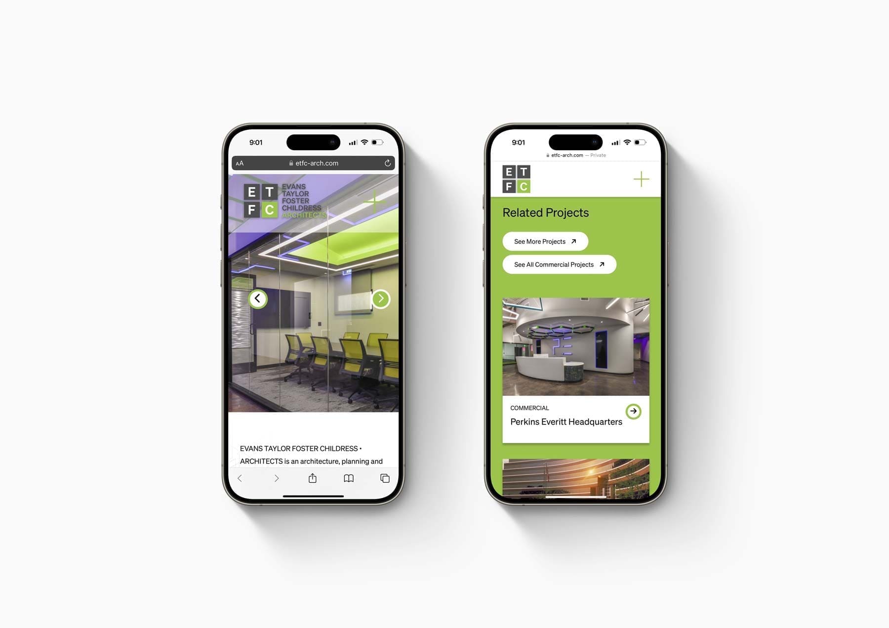 EFTC Architecture Website displayed on a mobile phone