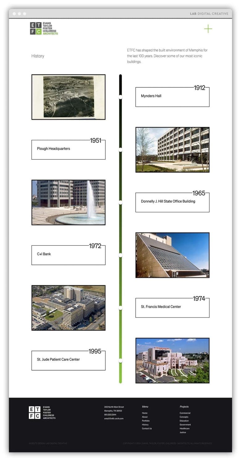 ETFC Architects Memphis Historical Timeline Page Design Desktop