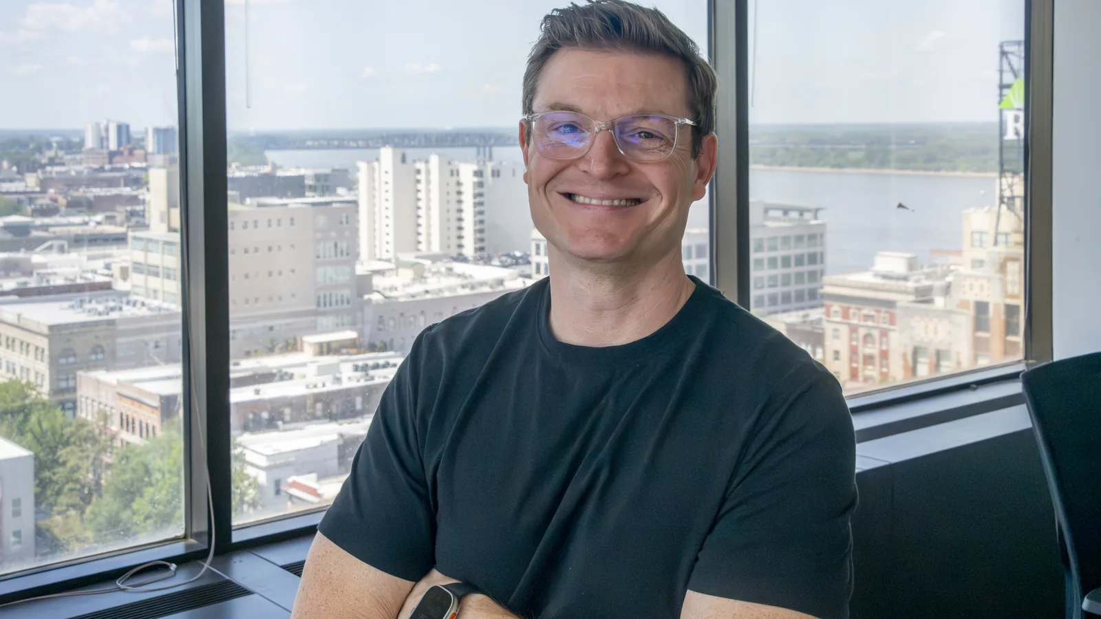 Michael Newsome, Founder and President of LAB Digital Creative, in the LAB office overlooking downtown Memphis