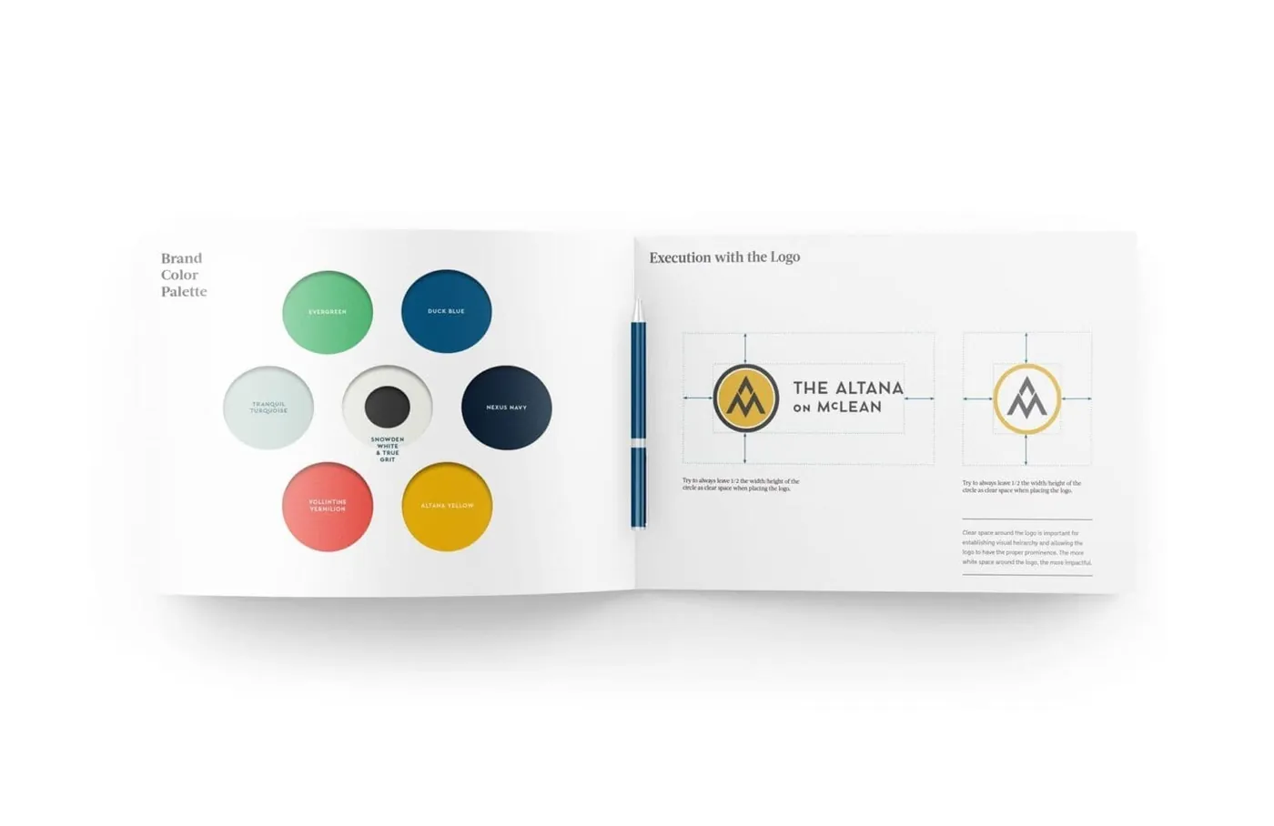 Brand book spread with color palette and logo spacing