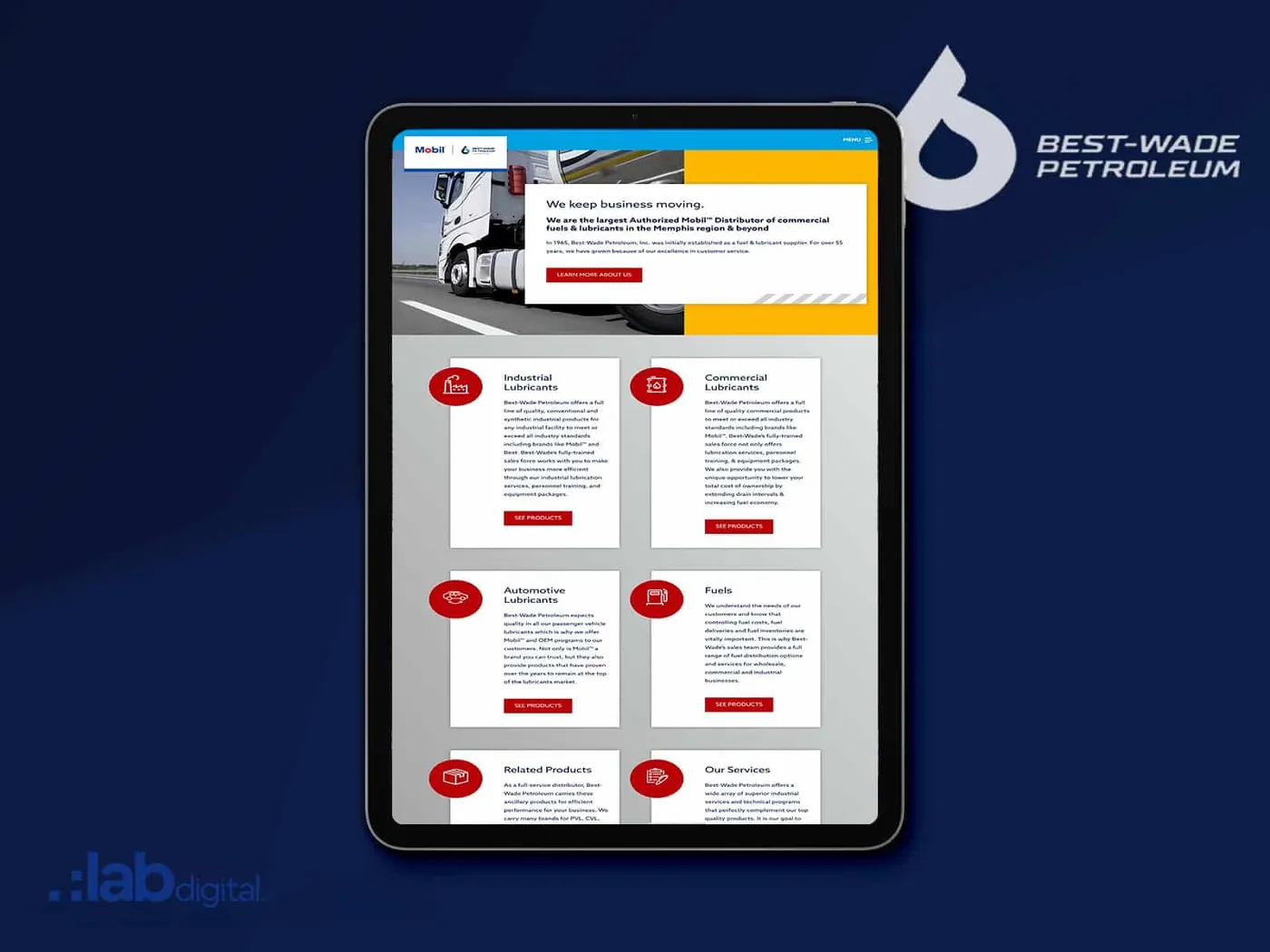 Website on a tablet with the Best-Wade mark