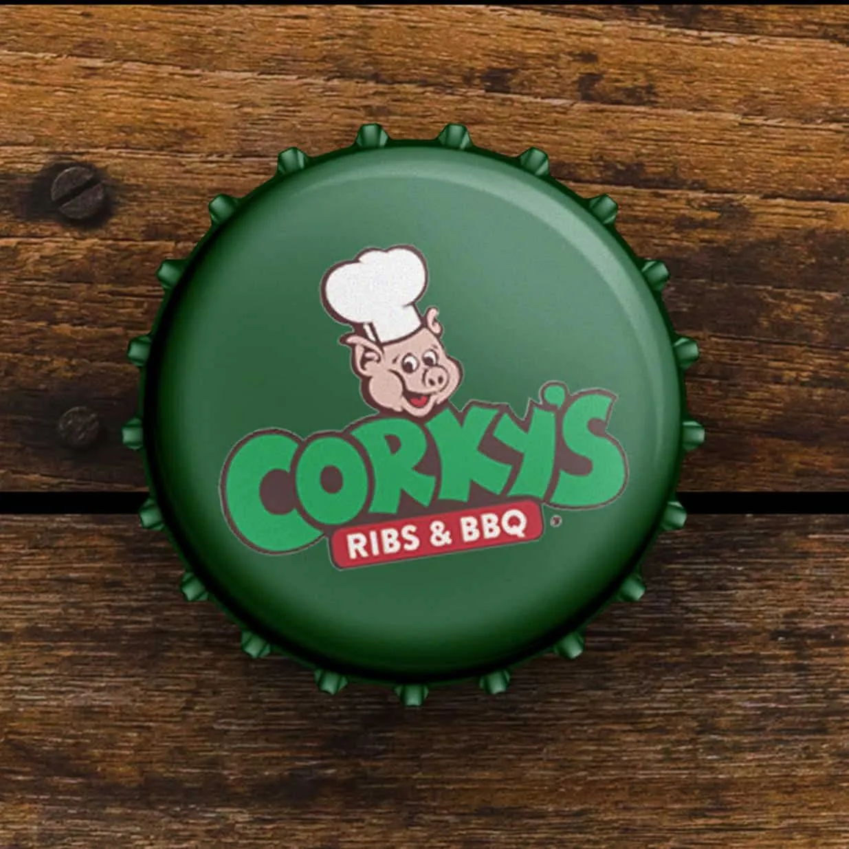 Corky's bottle-cap logo